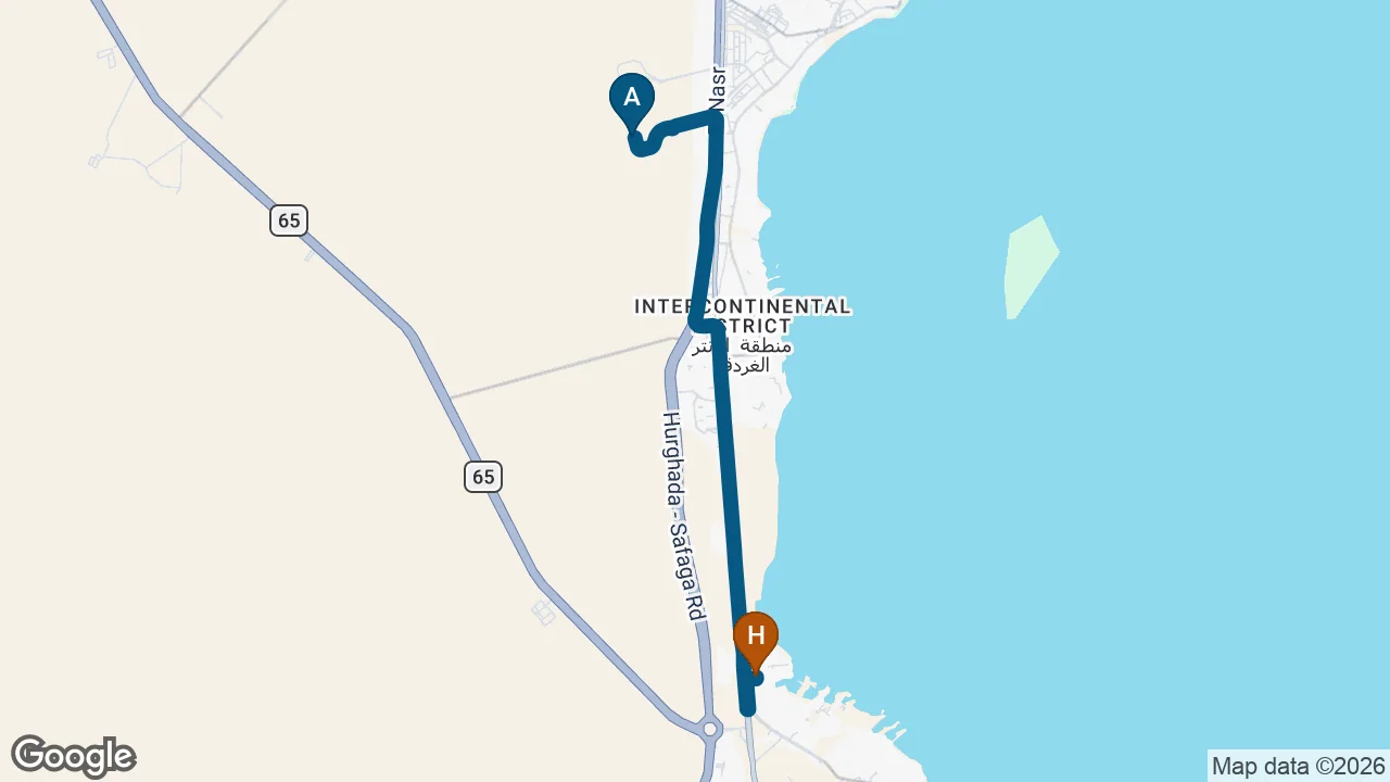 Driving route from Hurghada Airport to Ali Baba Palace